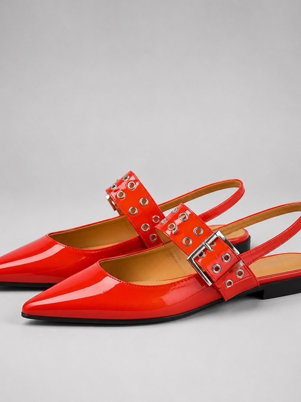 Steve Madden Red Patent Pointed Slingback Flats with Grommet Buckle